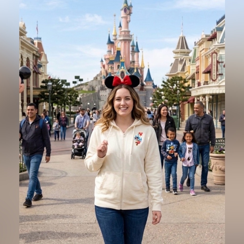 Disney Cream Zip-Up Hoodie with Minnie Mouse chest embroidery Disneyland